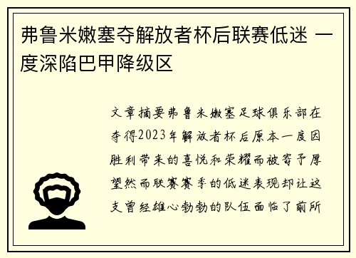 弗鲁米嫩塞夺解放者杯后联赛低迷 一度深陷巴甲降级区